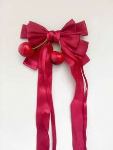 1/2pcs Burgundy Satin Long Bow Hair Clips, Japanese JK Style Sweet Girl Twin Ponytail Cute Cherry Exquisite Hair Accessories - Red - View 4