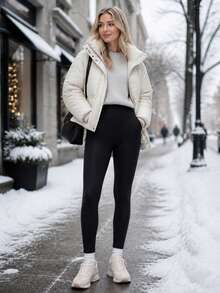 1pc Black 170G Non-Fleece/330G Thick Fleece Lined High Waist Warm Pants, Suitable For Cold Winter Daily Casual Wear - Multicolor - View 3