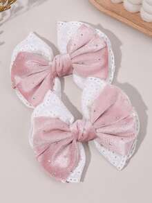 2pcs Pink Lace Bow Hair Clips, Shiny Rhinestone Satin Bow Hair Clips, Sweet Pastoral Style Hair Accessories For Girls And Teenagers, Daily, Vacation, Party Wear, Gift - Pink - View 6