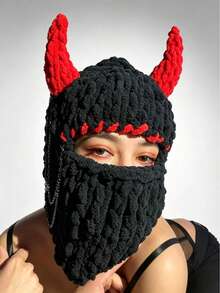 1pc Halloween Devil Horns Balaclava Thick Knit Full Face Mask Dark Y2K Party Cos Warm Knit Hat Unisex - Various - View 1