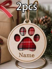 Custom Paw Print Christmas Ornament With Name, Personalized Wooden Pet Tree Decor, Rustic Plaid Holiday Style, Customized Christmas Hanging Ornament, Customizable Name Keepsake, Christmas Tree Decoration, Pet Lover Holiday Gift, Family, Friend - Multicolor - View 9