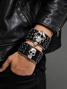 Punk Gothic Wide Leather Bracelet, Skull Cross Rhinestone Rivet Wrist Cuff, Adjustable Rock Bangle For Party Daily Costume Accessory For Man And Women - Black - View 3