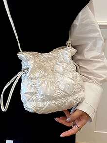 Women's Ruched Textured Bucket Bag With Adjustable Thin Strap, Loose Multi-Compartment Storage, Drawstring Closure, Niche Style, Versatile Crossbody Shoulder Bag For Daily Wear, Dating, Party, Travel, Shopping And Casual Outings - White - View 7