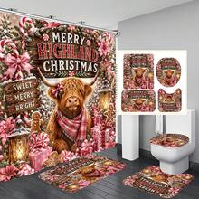 1pc/4pcs Christmas Pink Flower Candy Highland Cow Multi-Functional Bathroom Decor Shower Curtain Set, Free 12 Hooks, Premium Holiday Atmosphere, Bathroom Mat, U-Shaped Rug And Round Toilet Lid Cover, Suitable For All Christmas Scenes Decoration - Pink Flower Highland Cow - View 8