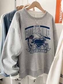 Vintage Sports Style Football Team Logo Crew Neck Sweatshirt, Oversized Drop Shoulder Versatile Student Autumn Top - Light Grey - View 3