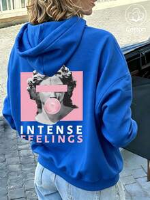 Women's Cotton Loose Fit Hooded Sweatshirt With Pockets For Autumn,Print Of Classical Sculpture Blowing Pink Bubble Gum,Casual Street Sport Style - Colorful Orchid - View 4