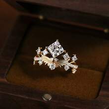 Vintage Princess Square Zirconia 18K Gold Plated Wing Proposal Crown Open Ring For Women - Gold - View 2