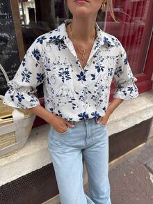 Women's White Blue Floral Print Shirt, Collared Button Down Blouse, Loose Fit Fall Top - Black and White - View 2