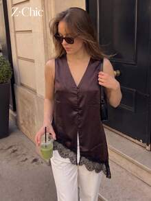 1pc Women's Vintage Glossy Solid Color Lace Patchwork Vest, Asymmetrical Diagonal Hem Draped Satin Sleeveless Top, Suitable For Office Layering - Redwood - View 2