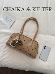 CHAIKA & KILTER 1件女款拼色麂皮布料單肩包，復古時尚啞光保齡球包，滿版波點圖案，拼色絎縫縫線，雙手柄設計，拉鍊開合，適合日常與街頭穿搭（附吊飾） - 卡其色 - 查看 4
