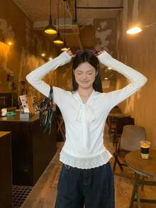 女款蝴蝶結蕾絲飾邊長袖T恤，韓系新風層次感上衣 - 白色 - 查看 10