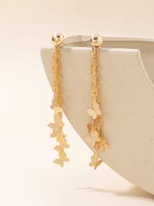 Middle East Ramadan Atmosphere Women's Copper Earrings, Multi-Layer Fine Chain 3D Butterfly Tassel Long Dangle Earrings - Yellow Gold - View 1