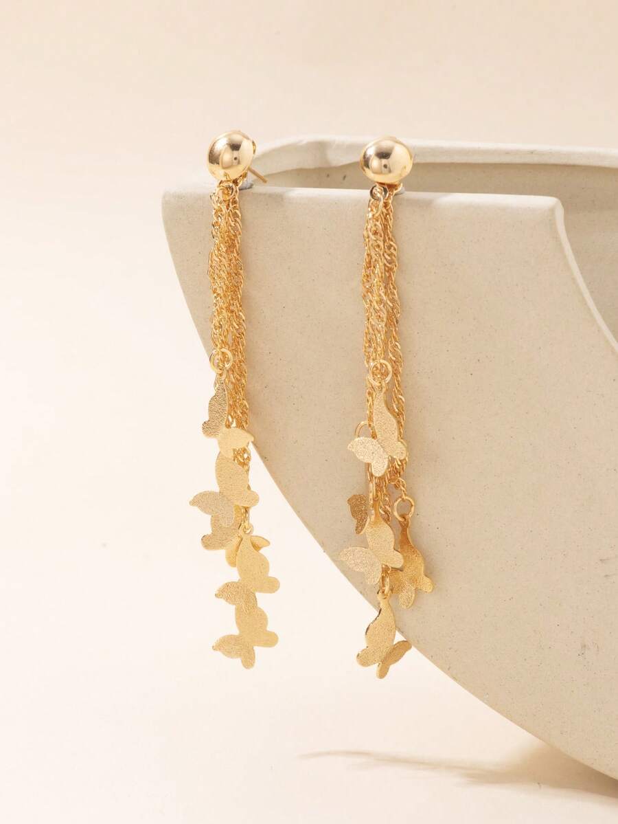 Middle East Ramadan Atmosphere Women's Copper Earrings, Multi-Layer Fine Chain 3D Butterfly Tassel Long Dangle Earrings - Yellow Gold - View 1
