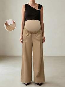 Bump Style Damen Umstands-Hose in Khaki mit weitem Bein - elastisches Bauchpanel, nicht dehnbarer Körper, geeignet für Arbeit, Lässig, tägliches Tragen | Umstands-Hose - Khaki - Übersicht 10