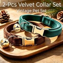 2pcs Velvet Pet Collar Set, Soft Skin-Friendly With Bell, Metal Buckle, Adjustable Vintage Neck Collar, Suitable For Cats And Small Dogs, St. Patrick's Day & Munich Beer Festival Holiday Dress-Up Accessory - Brown & Christmas Green - View 1