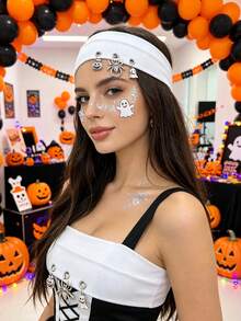1pc Halloween Metal Pendant Elastic Headband, Spider Pumpkin Ghost Charm Wide Headband, Holiday Party Cosplay Costume Headpiece - Multicolor - View 10