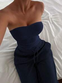 Vaiaye 2pcs Set Autumn Clothing Fitted Sexy Strapless Cropped Top Basic Camisole Solid Color Elastic Fitted Yoga Bandeau Top, Spring/Summer Elegant - Navy - View 9
