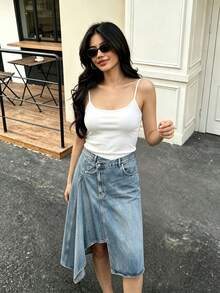 DEEKA Summer New Women's Fashion Asymmetric Denim Mini Skirt Casual - Blue - View 2