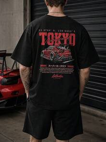 Plus Size 2pcs Set: Men's Tokyo Underground Racing Print T-Shirt & Shorts 2pcs Set, Casual Crew Neck T-Shirt & Drawstring Shorts Set - Black - View 1