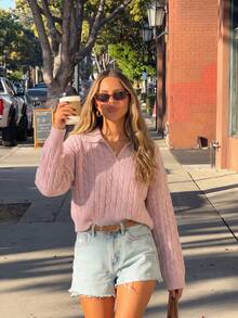 Joy Knit Women's Knitted Sweater, Autumn/Winter Fashion New Style, Versatile Top, Minimalist Casual Style, Turn-Down Collar V-Neck With Buttons, Pink - Pink - View 1