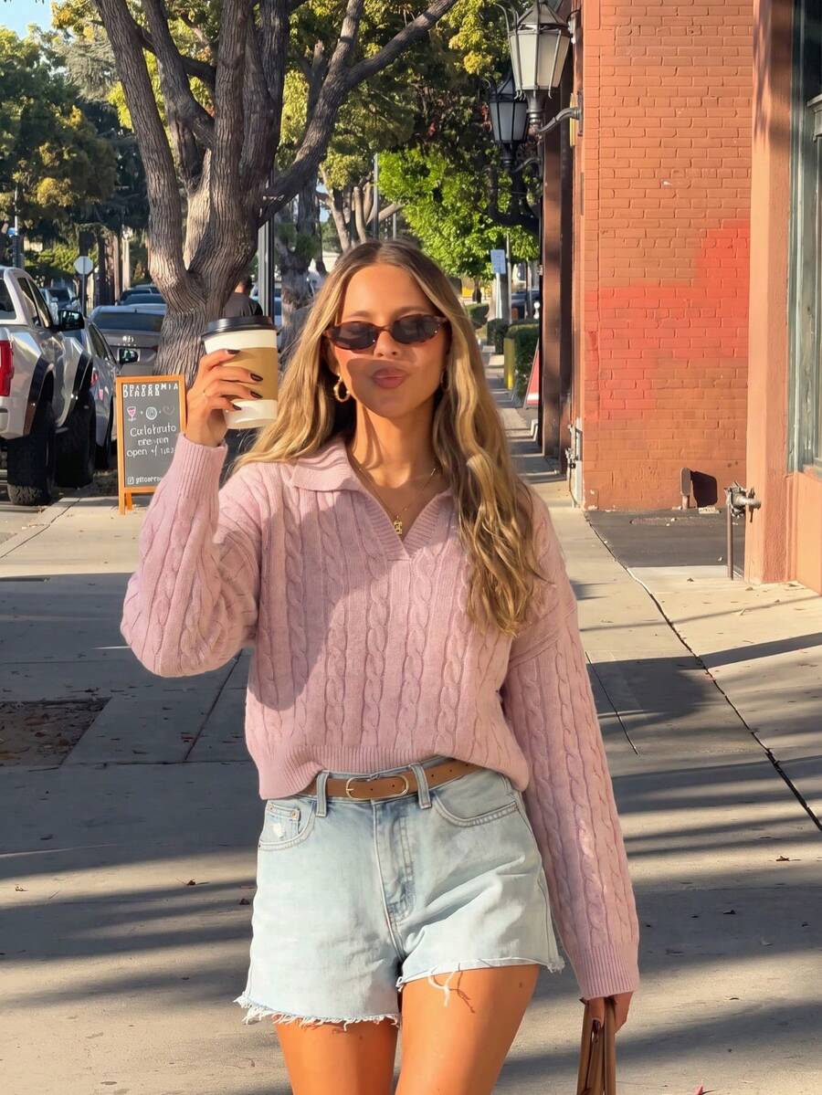 Joy Knit Women's Knitted Sweater, Autumn/Winter Fashion New Style, Versatile Top, Minimalist Casual Style, Turn-Down Collar V-Neck With Buttons, Pink - Pink - View 1