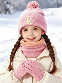 3pcs Kids Gift Set 26 Letters Knitted Beanie + Fleece Neck Warmer + Knitted Fingerless Gloves, Soft Winter Warm Set, Suitable For Boys And Girls, Applicable For Holidays, Birthdays, Daily Wear - Pink - View 2