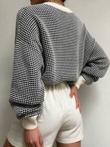 SEREN Women's Versatile Black & White Contrast Waffle Knit Sweater, Loose Fit Slenderizing Lantern Sleeve Knit Top, Suitable For Autumn/Winter - Black and White - View 5