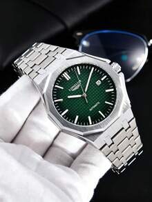 LONGLUX 1pc Men's Automatic Mechanical Watch With Calendar, Butterfly Clasp, Steel Band, Minimalist Casual Style - Green - View 4