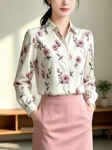 YUXIN 女款現代全花卉印花襯衫，長袖領口鈕扣開襟上衣，適合秋季日常街頭穿著與度假 - 粉色 - 查看 3
