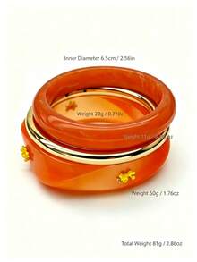 3 PiecesWarm Orange Jelly Texture Resin Bracelet Set, Cute Yellow Bear Decor Wide Bangle Paired With Polished Gold Thin Bangle, European And American Sweet Cool Layered Hand Jewelry For Women's Daily, Date And Street Wear - Twisted Transparent Orange Bear + Thin Round Gold + Medium Round Orange - View 6