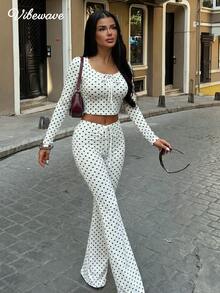 VIBEWAVE White Polka Dot Bowknot Short Long Sleeve Top & High Waist Drawstring Flared Pants 2 Pieces Set Women American Hot Girl Retro Style Spring Autumn - White - View 4