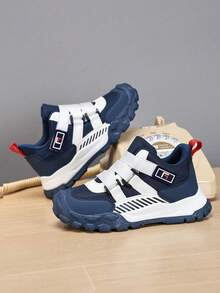 Teens' Fashionable Contrast Color Hook And Loop Sports Shoes - Shock Absorbing Anti-Slip Breathable Mesh Sneakers, Suitable For Outdoor Running And Walking, All Season Wear - Navy Blue - View 7