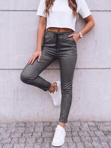 Women's Casual PU Leather Drawstring Jogger Pants Stylish Long Skinny Trousers With Pockets, Medium Stretch, Perfect For Fall - Grey - View 3
