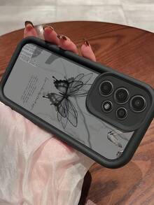 1pc Black Butterfly Print Pattern Phone Case, Black Edge Leather Frame Shockproof Soft TPU Protective Cover, Suitable For GALAXY, HONOR, Phones - Black - View 4