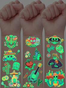 10 Sheets, Mexican Day Of The Dead Series Temporary Tattoo Stickers, Glow-In-The-Dark, Luminous Light Up In The Dark, Body Art Waterproof Fake Tattoo Stickers - Multicolor - View 1