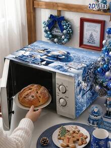 1件裝聖誕藍色微波爐防塵罩，聖誕老人、雪人、聖誕樹與雪景圖案，Merry Christmas 85*35cm 聚酯纖維微波爐/烤箱/爐灶罩，廚房家電防塵保護罩，聖誕裝飾，聖誕裝飾，廚房裝飾，節日餐桌裝飾，冬季家居裝飾 - 聖誕L款 - 查看 4