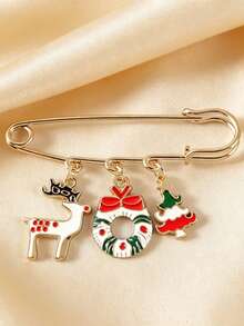 1pc/6pcs Set Cartoon Oil Drip Pendant Brooch With Rhinestones And Faux Pearls, Alloy Christmas Pin, Sweet Holiday Style Santa Claus & Christmas Gloves Cartoon Elements, Gold-Tone Clothing Jacket Decorative Accessory - Multicolor - View 4