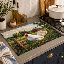 1pc Rooster And Farm Pattern Kitchen Absorbent Drying Mat, Country Pastoral Style, Suitable For Kitchen Countertop, Coffee Machine, Dining Table And Daily Home Decor - Multicolor - View 2