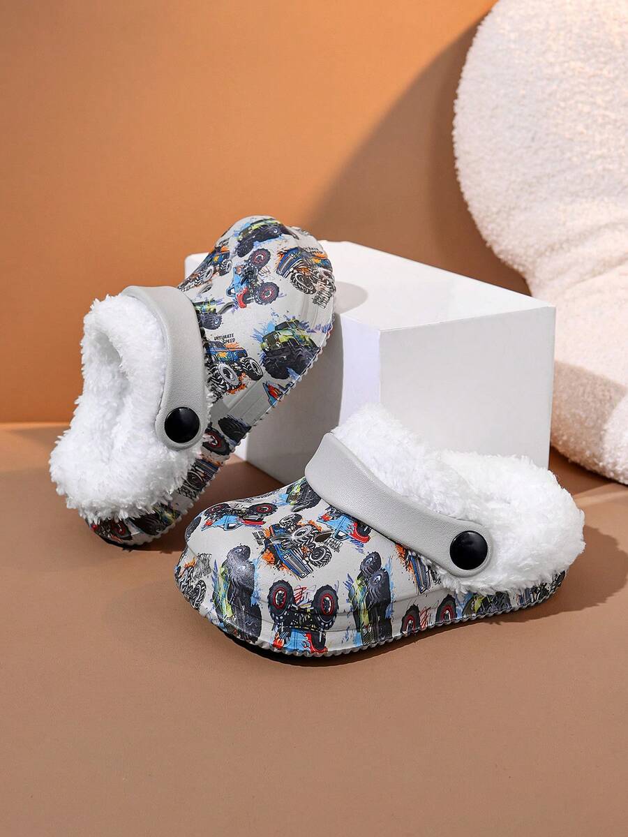 1 Pair Boys' Autumn/Winter Comfortable Fashion Casual Lightweight Thermal Lined Warm Off-Road Car Print Versatile Clogs - Grey - View 1