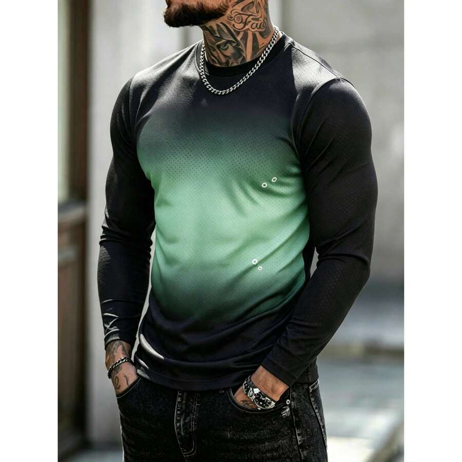 Fashionable Men's Gradient Long Sleeve T-Shirt, Outdoor Sports Top, Fitness Running Training - Green - View 1