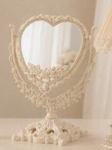 Vintage Oval Desktop Makeup Mirror, White Carved Decorative Vanity Mirror, 360° Rotating Double-Sided Tabletop Makeup Mirror, Suitable For Bedroom Vanity, Bathroom Decor - Apricot - View 11