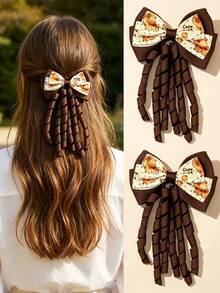 2PCS Children's Cartoon Capybara Print Bow Hair Clips, Long Curly Ribbon Decor Hair Clips, Suitable For Daily Wear And Outings - Multicolor - View 6