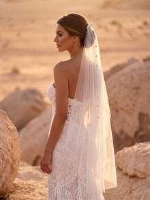 1pc Fingertip Length Single Layer Bridal Veil With Faux Pearl Decorated Hair Comb, For Wedding, Photography, Pre-Wedding Party Headpiece - White - View 3