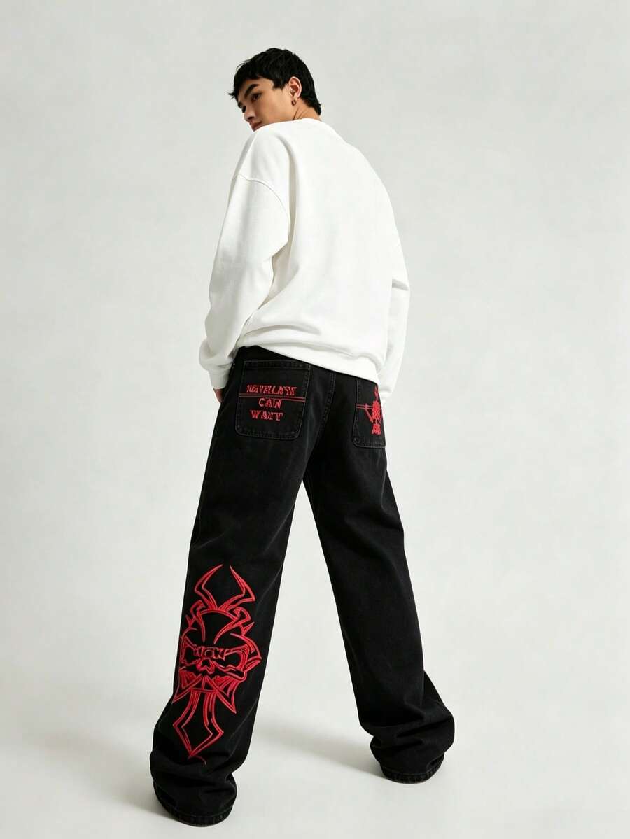 Men's Stylish American Retro Straight Jeans - Red - View 1