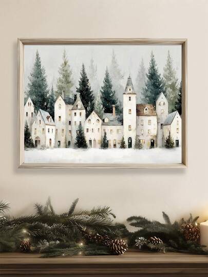 1 pièce Affiche de village d'hiver de Noël confortable, vacances scandinaves, idée de cadeau familial, impression vintage de patinage sur glace d'hiver, décoration de chambre, décoration de salon, décoration de dortoir, arts muraux, décoration murale, décoration de maison, décoration de chambre, art mural sur canevas, affiches, cadre en option