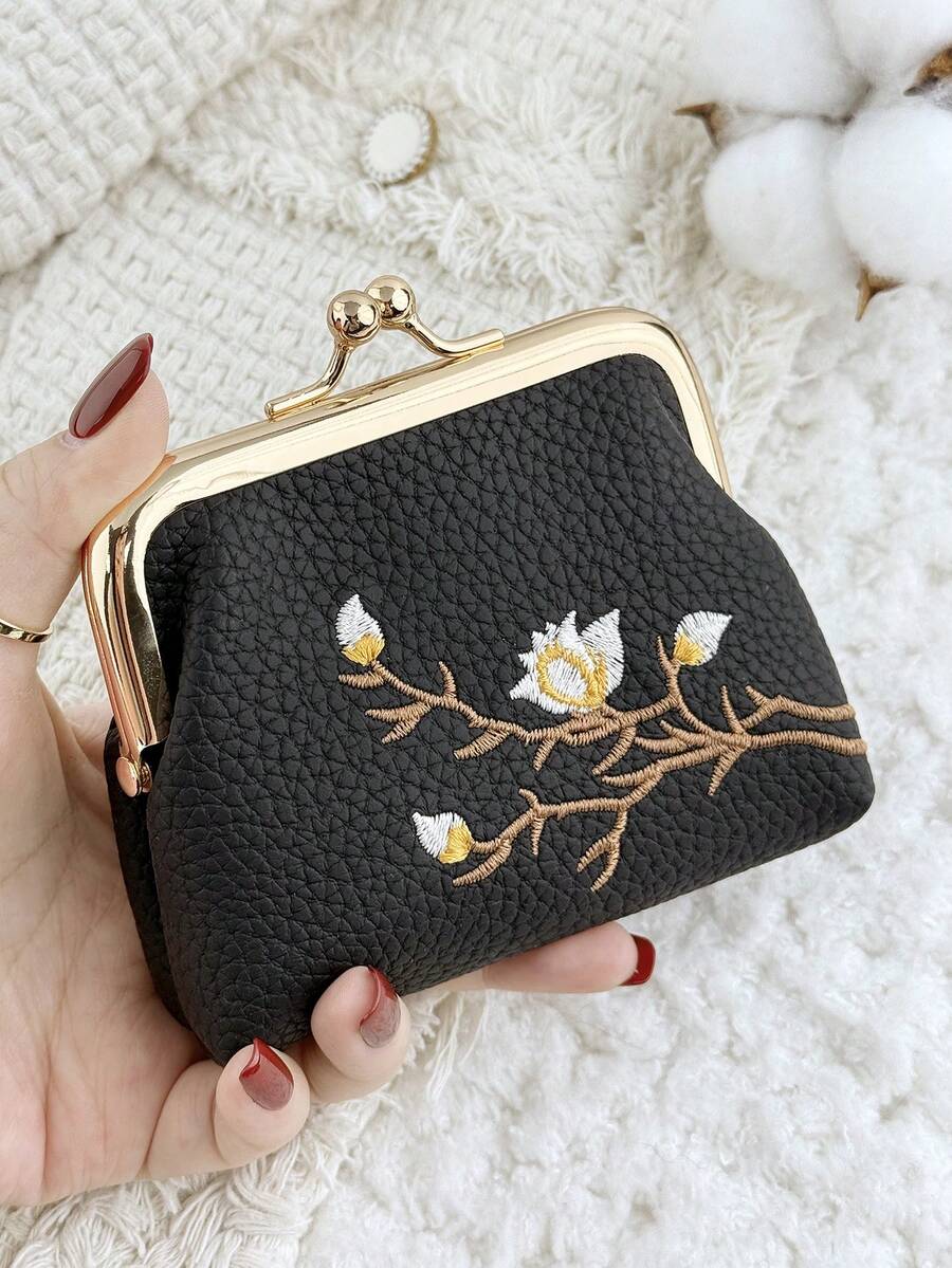 時尚花卉刺繡外觀，多功能且緊湊設計，附夾式開關，便攜式零錢包與卡包