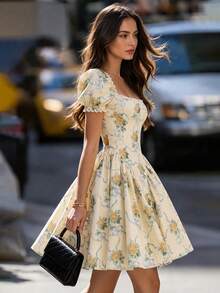Vuslat Women's Autumn French Sweet Creamy Yellow Rose Ribbon Floral Lace Trim Puff Sleeve Corset Waist Satin Full Skirt, Girly Gentle Style Slimming Flattering Floral Mini Dress, Versatile For Commute, Date, Vacation, Beach, Wedding, Party, Graduation, Independence Day, Back To School - Multicolor - View 9