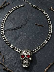 1 buah Kalung Rantai Tebal Tengkorak Mata Berlian Imitasi Merah Perak Gaya Punk Gelap dengan Liontin Kelelawar Timbul, Aksesori Pakaian Keren untuk Pesta Halloween Unisex - Antique Silver - View 3