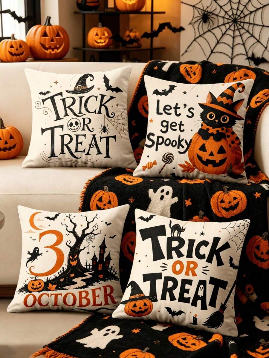 1/4 Stücke neue Halloween-Muster Kissenbezüge, Halloween-Thema Kissenbezüge, dekorative Kissenbezüge, quadratische Kissenbezüge, Halloween-Dekoration, dekorative Kissen, geeignet für Wohnzimmer, Sofa und Schlafzimmer Partydekoration, Kissenfüllung nicht enthalten - Verschiedenfarbig - Übersicht 1