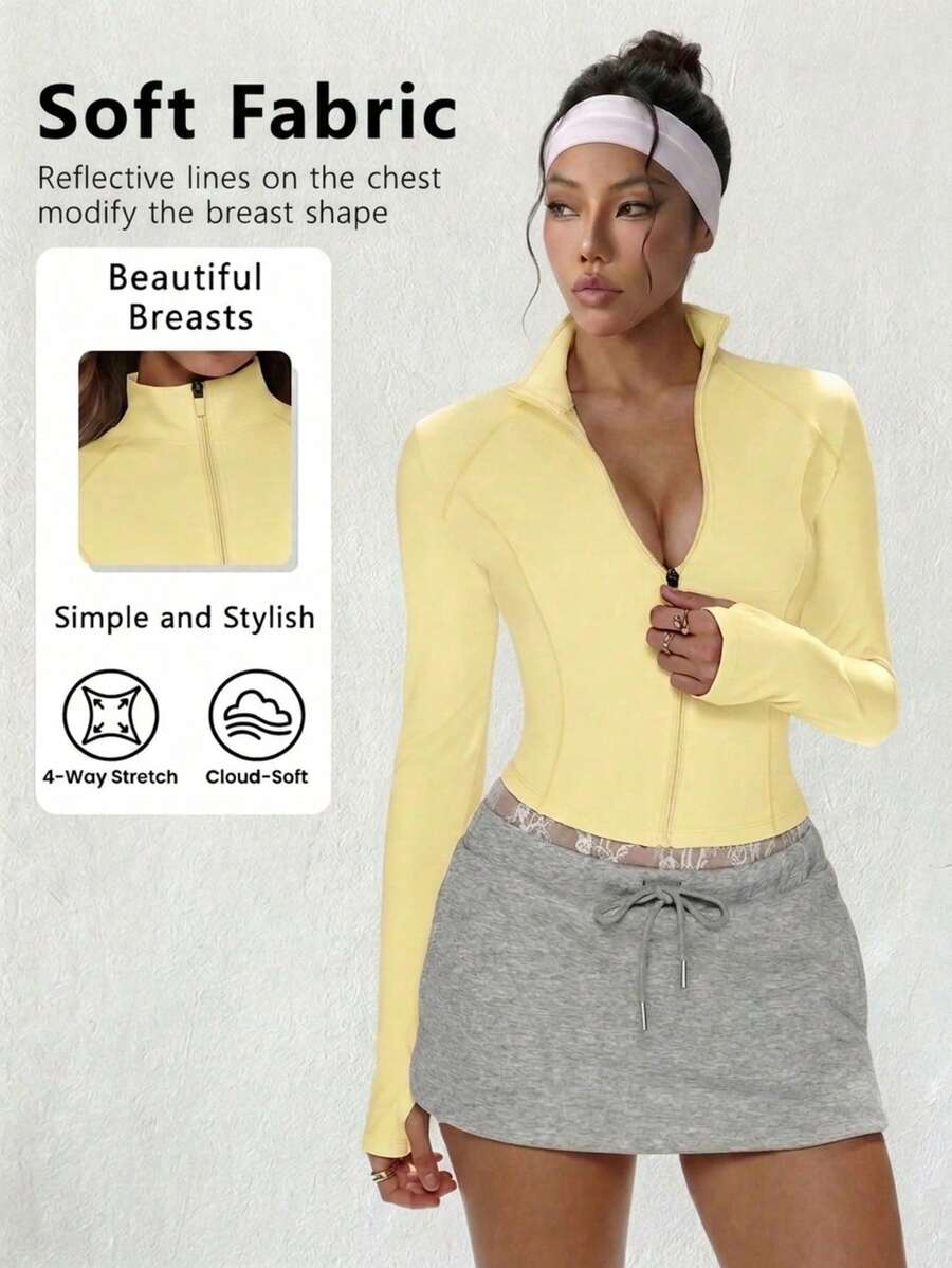 Convertible Cup Design, Thumb Hole Cuffs, Waist Cinching, Essential High Neck Zip-Up Yoga Jacket Spring Yellow - Yellow - View 1